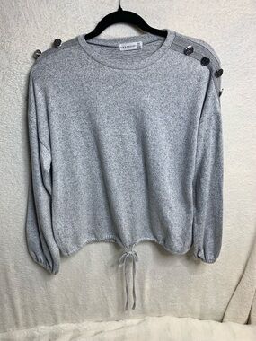 Embroidered Button Shoulder Gray Drawstring Hem Sweater
